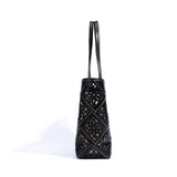 Black Genuine Leather Floral Cutout Tote Bag Side view