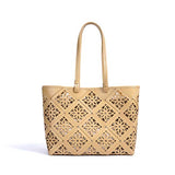 beige Genuine Leather Floral Cutout Tote Bag