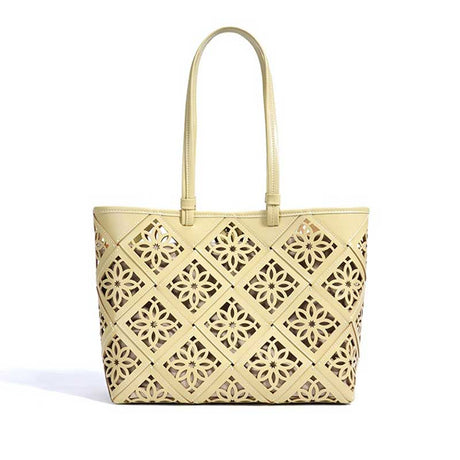 yellow Genuine Leather Floral Cutout Tote Bag