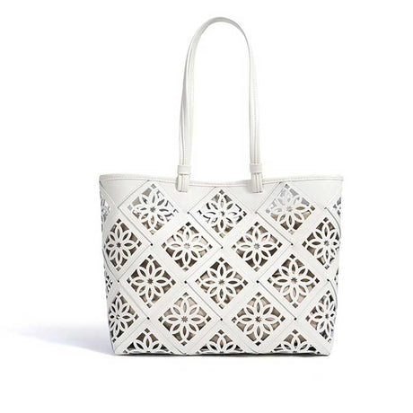 Women's white Genuine Leather Floral Cutout Tote Bag