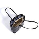 Black Genuine Leather Floral Cutout Tote Bag Capacity Display
