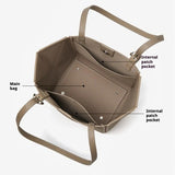 gray handbag with labeled compartments 