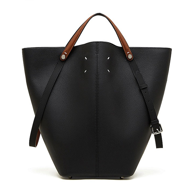 BLACK Genuine Leather Large Capacity Bucket Bag