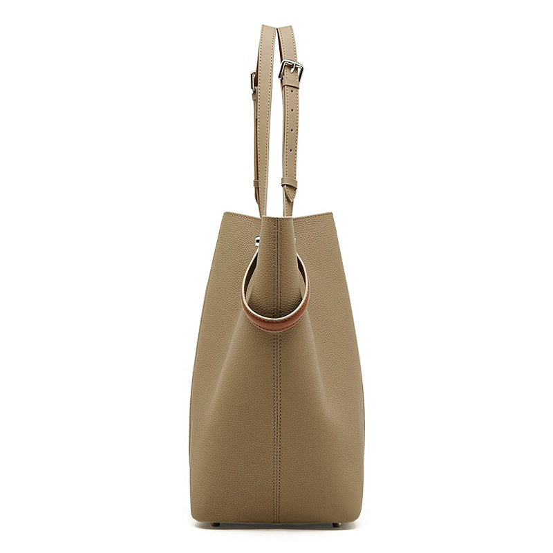 gray Large Capacity Bucket bag with brown straps side view