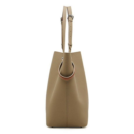 gray Large Capacity Bucket bag with brown straps side view