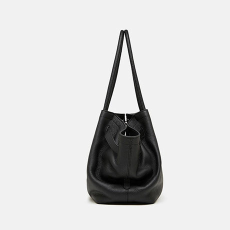 black Genuine Leather Large Capacity Tote Bag side view