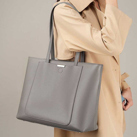 Women's gray Genuine Leather Large Capacity Tote Bag with Zipper