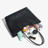 black Genuine Leather  Woven Tote Bag