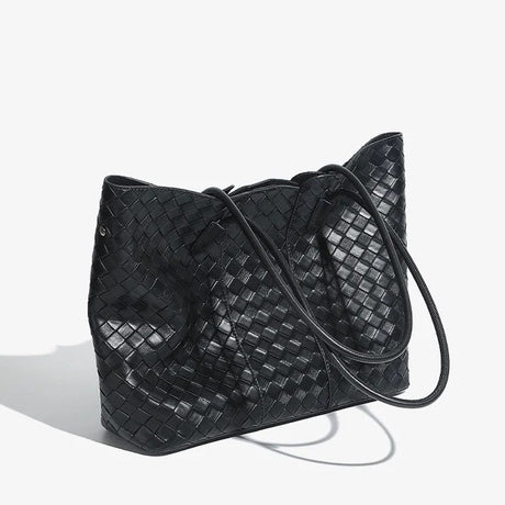 black Leather Large Capacity Woven Tote Bag