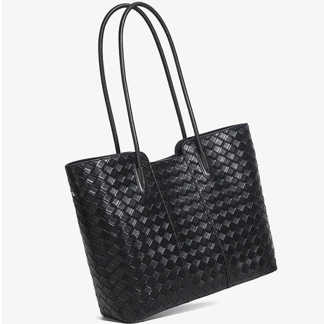 black Genuine Leather Large Capacity Woven Bag