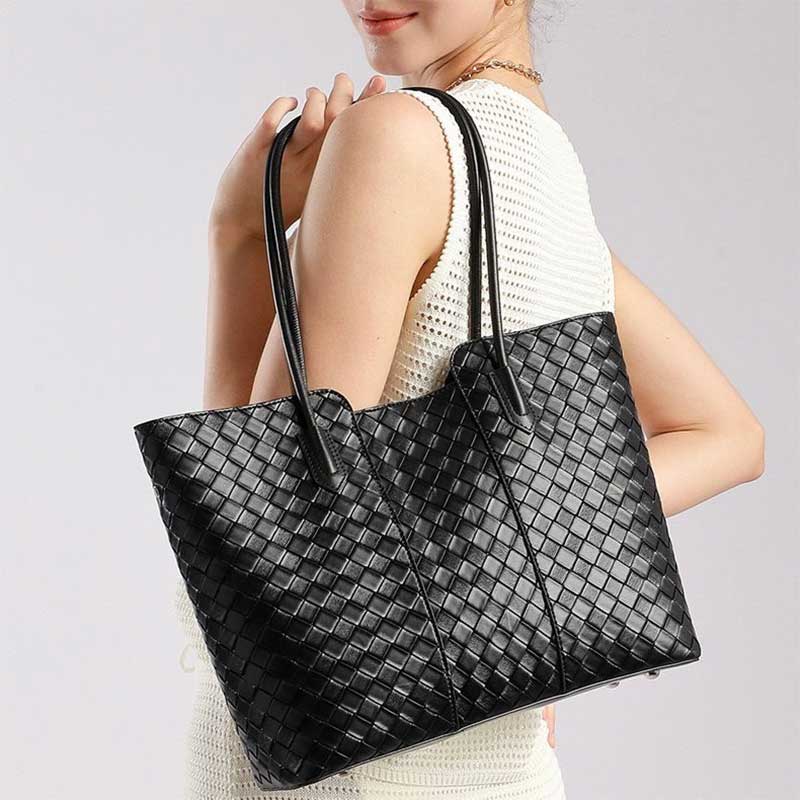 Women's black Genuine Leather Woven Tote Bag 