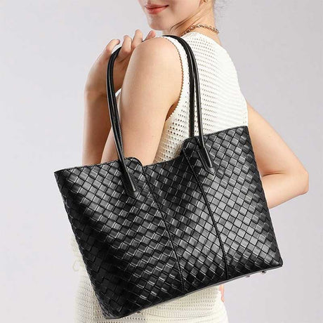 Women's black Genuine Leather Woven Tote Bag 