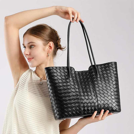 Women's black Genuine Leather Large Capacity Woven Tote Bag 