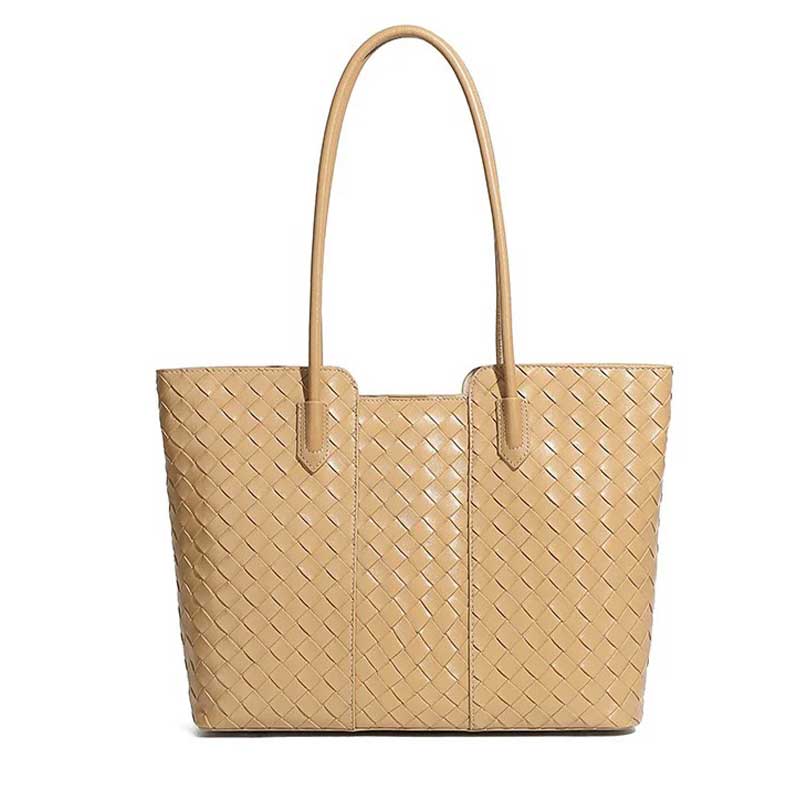 khaki Genuine Leather Large Capacity Woven Tote Bag 