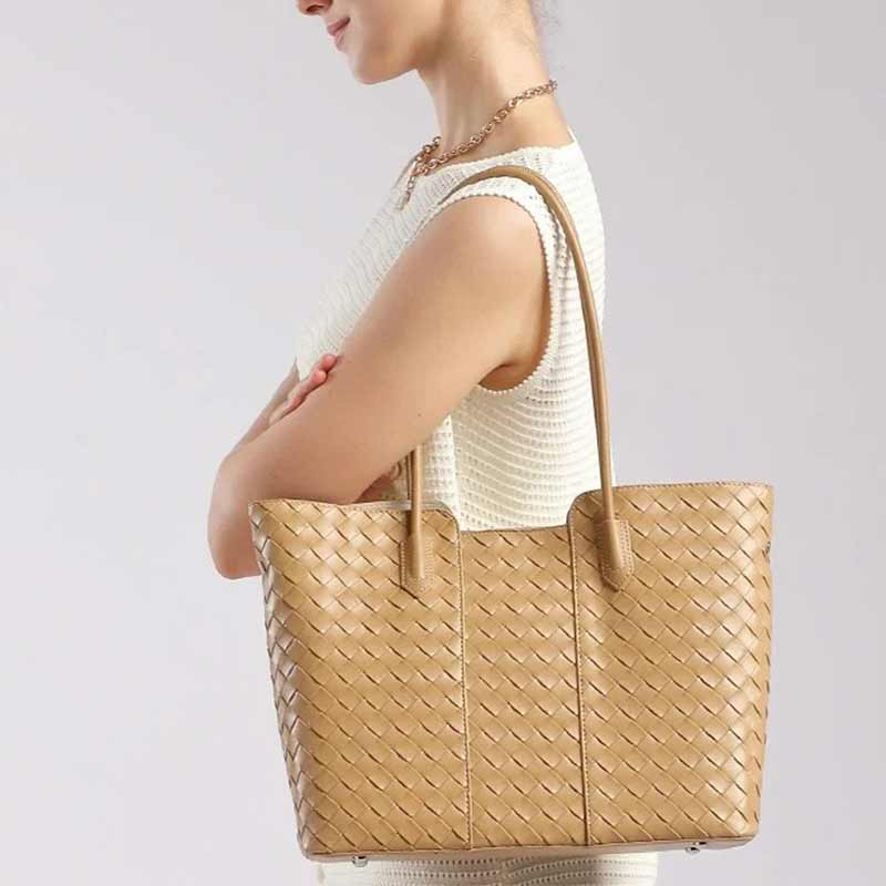 Women's khaki Genuine Leather  Woven Tote Bag 