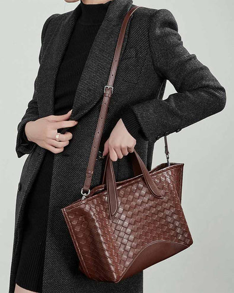 Women's burgundy Genuine Leather Large Handwoven Tote Bag