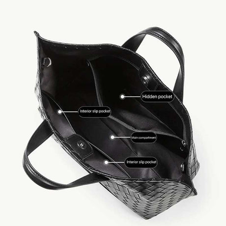 Black handbag with labeled compartments 