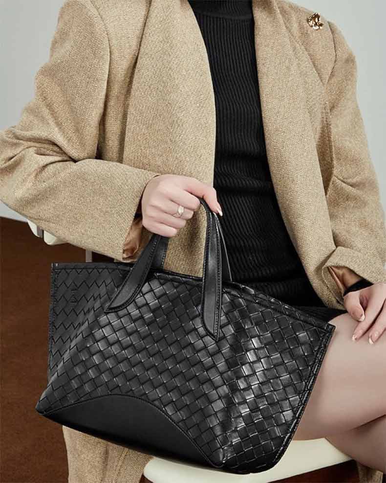 Women's black Genuine Leather Large Woven handbag