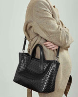 Women's black Genuine Leather Large Woven Tote Bag