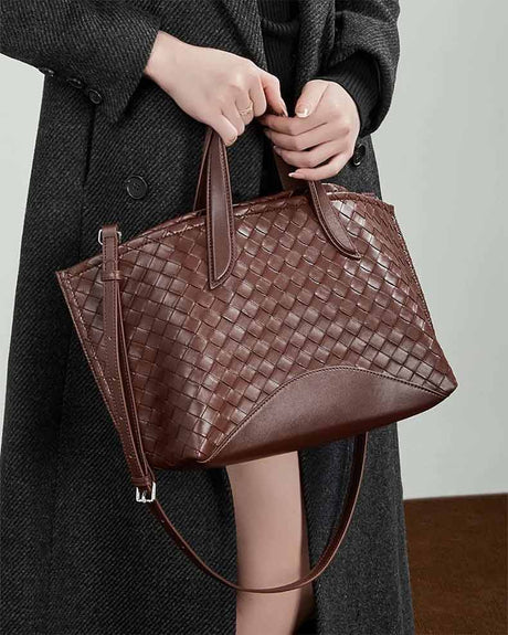 Women's burgundy Genuine Leather Woven Tote Bag