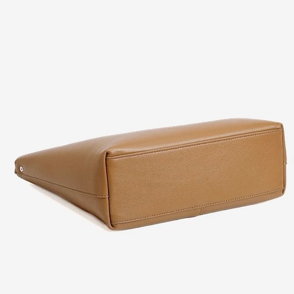 Khaki Genuine Leather Tote Bag Bottom Construction Detail