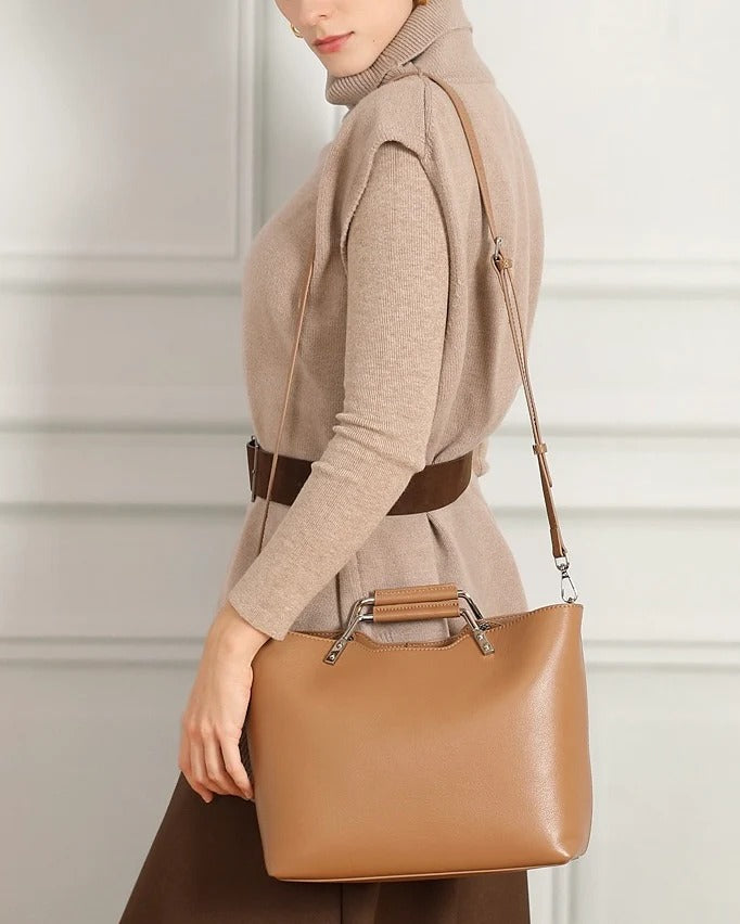 a khaki Genuine Leather handbag with Metal Handle