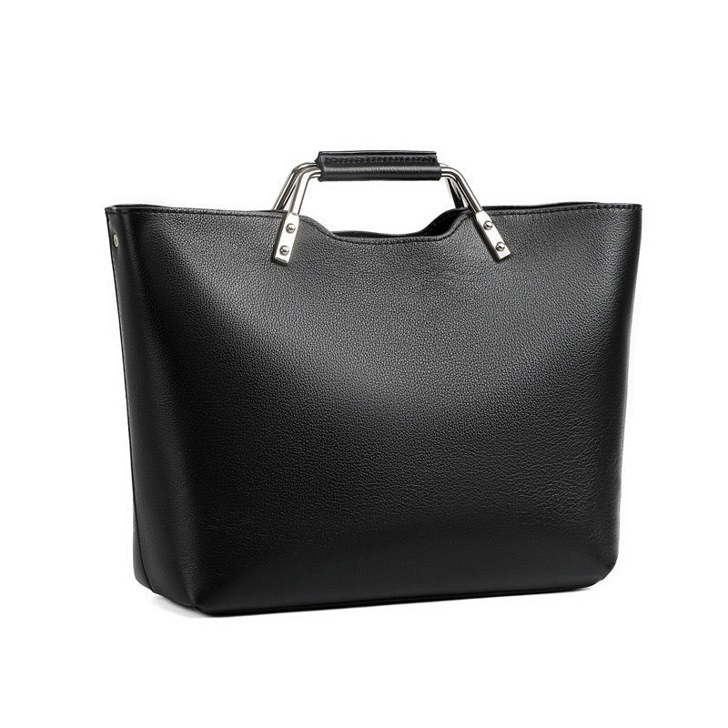Black Genuine Leather Metal Handle Large Tote Bag