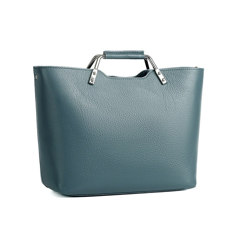 blue handbag with silver handles
