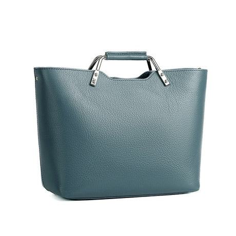 blue handbag with silver handles