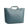blue handbag with silver handles