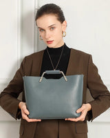 Blue Genuine Leather Metal Handle Large Tote Bag