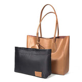 brown tote bag and black pouch