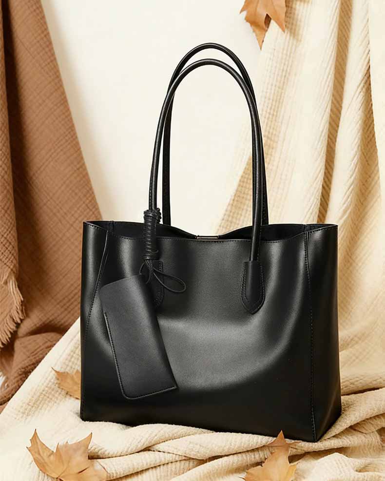 black Genuine Leather Minimalist Tote Bag with Inner Pouch