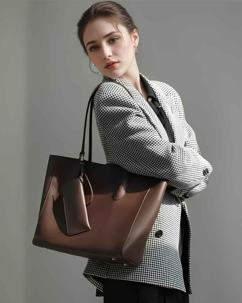Women coffee Genuine Leather Minimalist Tote Bag