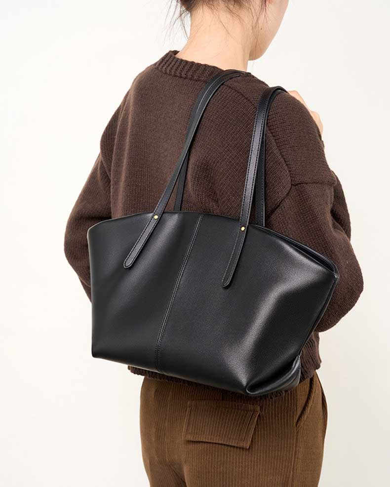 Womens black  cowhide Minimalist Tote Bag 