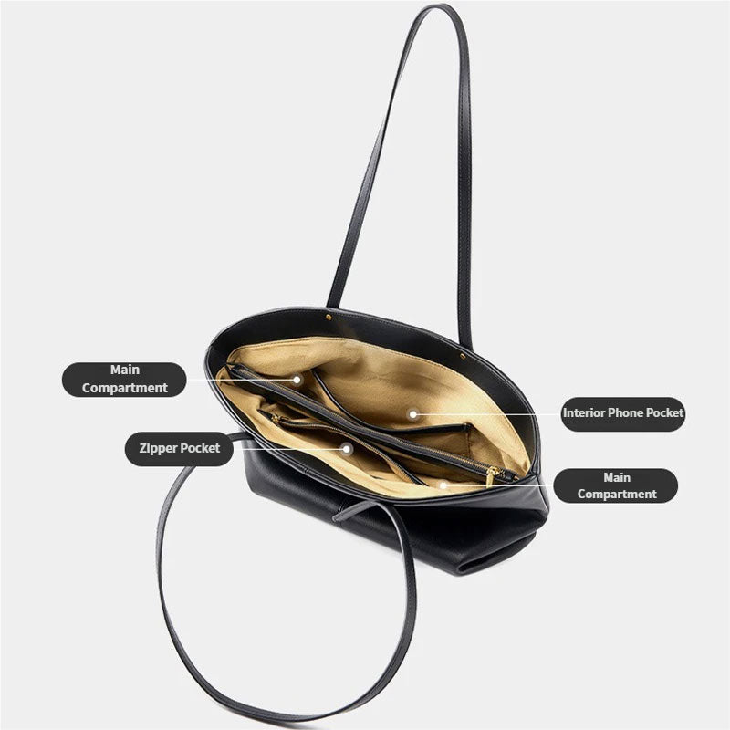 Black handbag with labeled compartments 