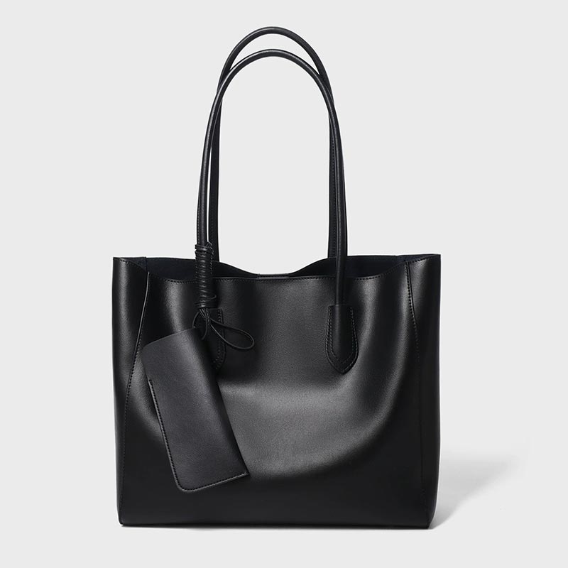 black Genuine Leather Minimalist Tote Bag
