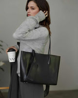 Women's black  Leather Minimalist Tote Bag