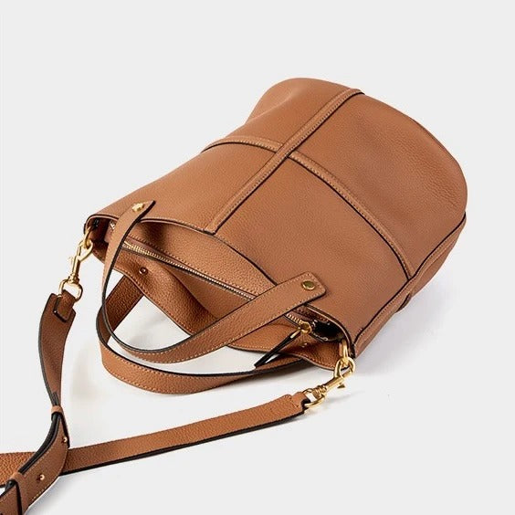 brown Leather Panel Stitch Bucket Bag