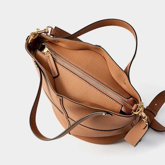 Brown leather Bucket bag with gold zipper 