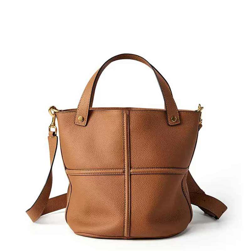 brown Genuine Leather Panel Stitch Bucket Bag