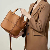 Women brown Genuine Leather Panel Stitch Bucket Bag