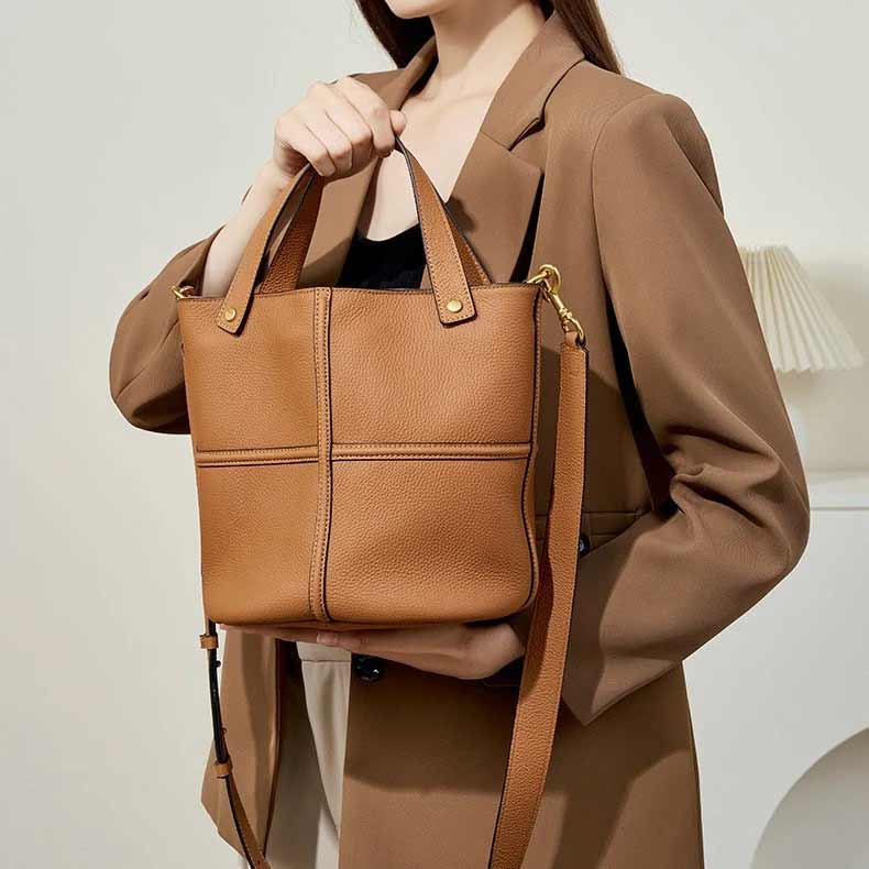 Women brown Leather Panel Stitch Bucket Bag