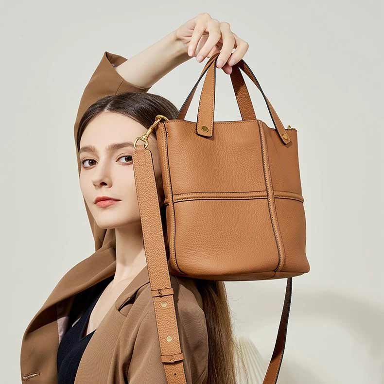 Women Genuine Leather brown Bucket Bag