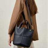 Women black Genuine Leather Panel Stitch Bucket Bag 