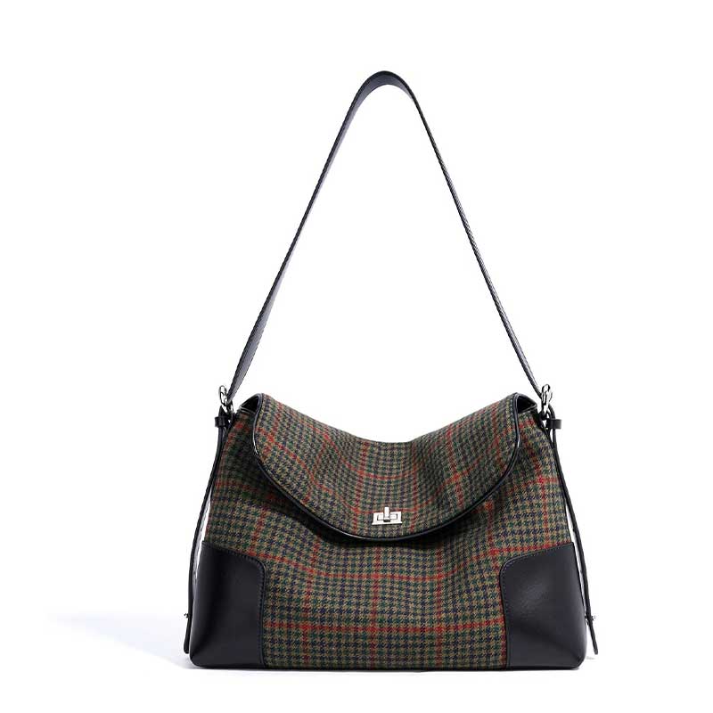 black Genuine Leather Patchwork Houndstooth Bag
