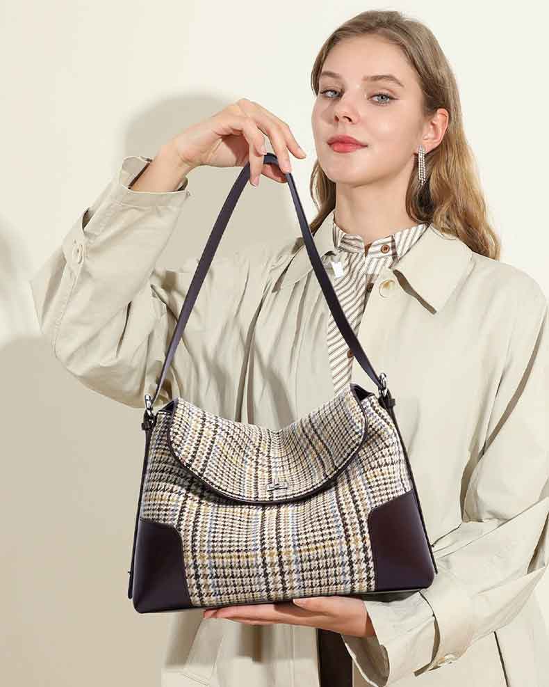 Women's coffee Genuine Leather Patchwork Houndstooth Bag