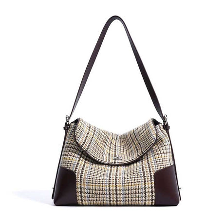 coffee Genuine Leather Patchwork Houndstooth Bag 