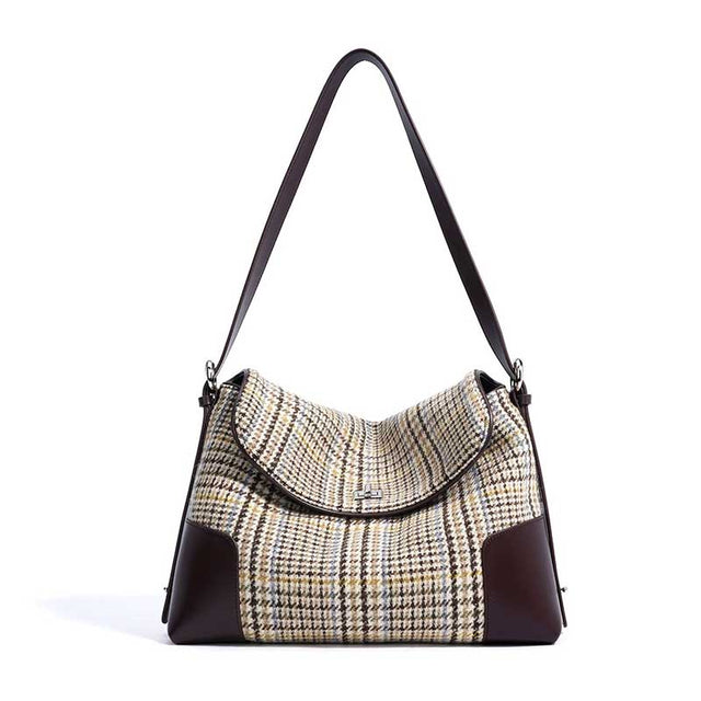 coffee Genuine Leather Patchwork Houndstooth Bag 