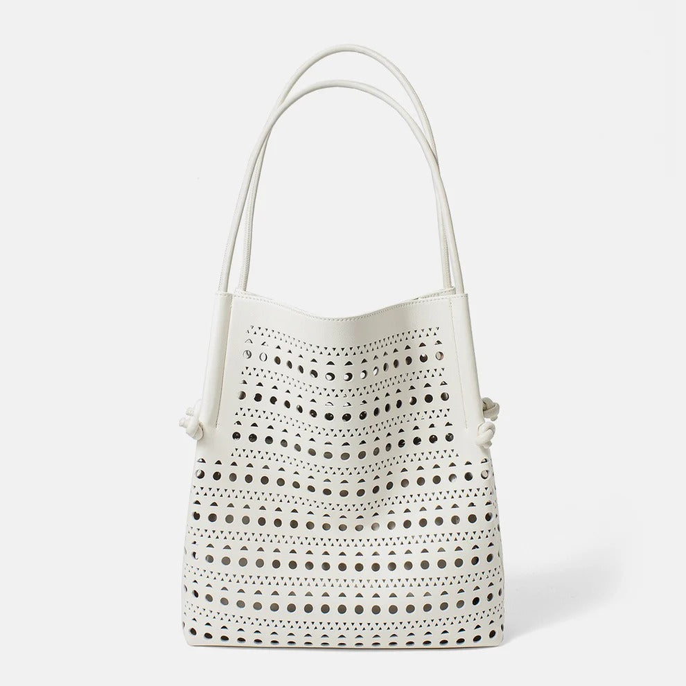 Women's creamy white Genuine Leather Perforated Tote Bag